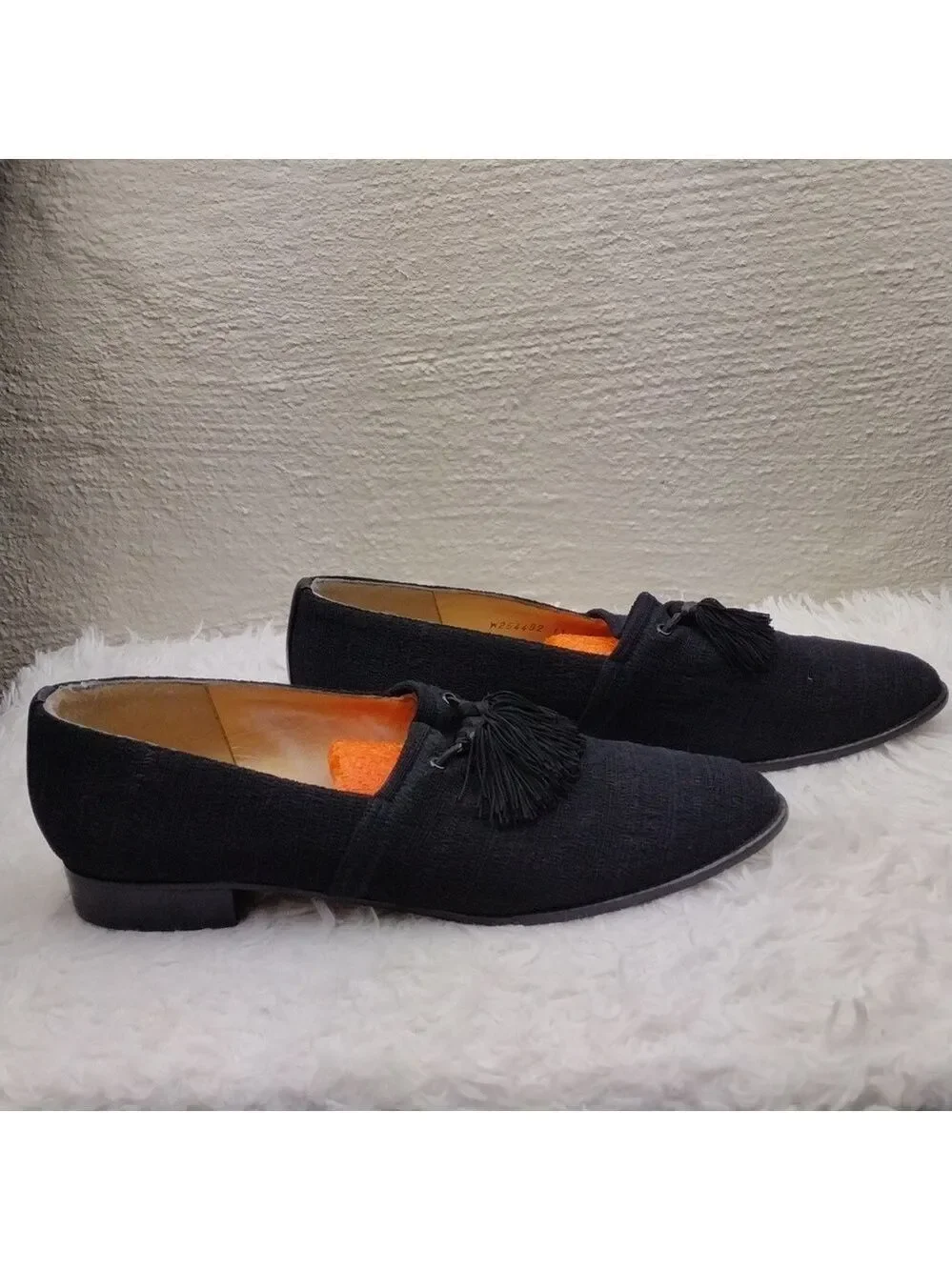 Stuart Weitzman Black Fabric Upper Almond Toe Low Heel Tassel Loafer Shoe